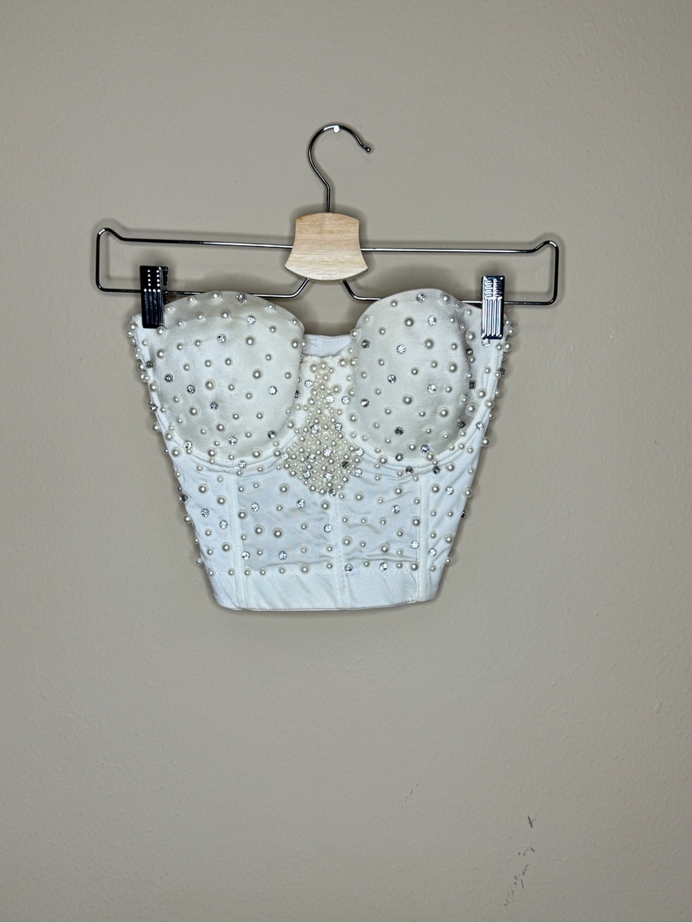 Pearl-Embellished White Bustier Cosret Top